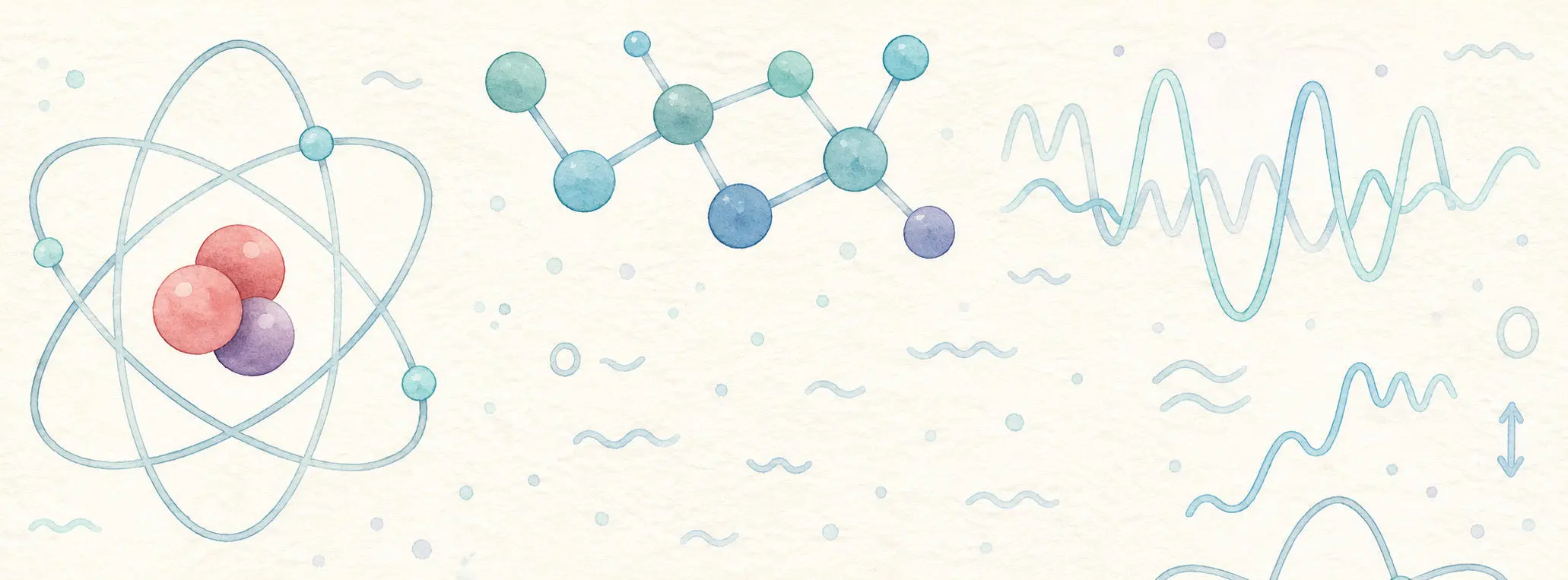 Stylized science illustration with atoms and waves
